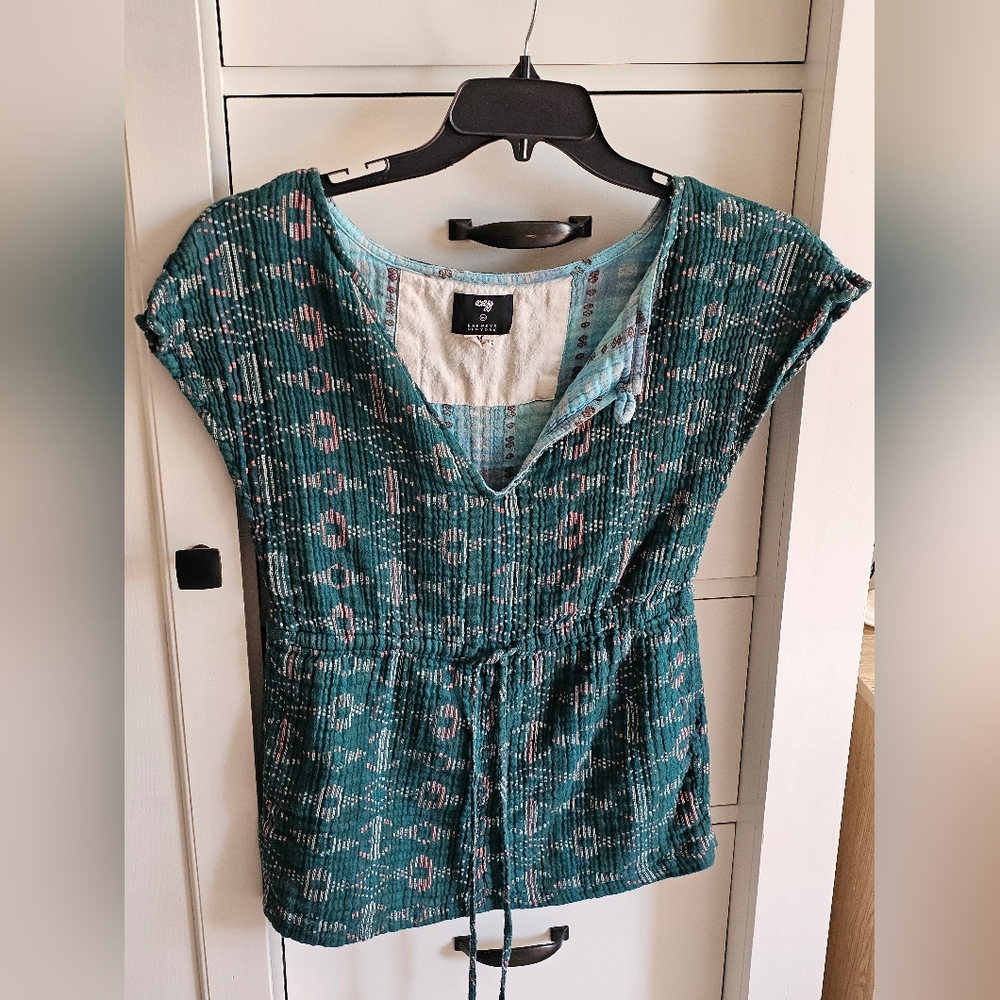 ace&jig Ikat Drawstring Tunic Top Teal Green Boho Size M